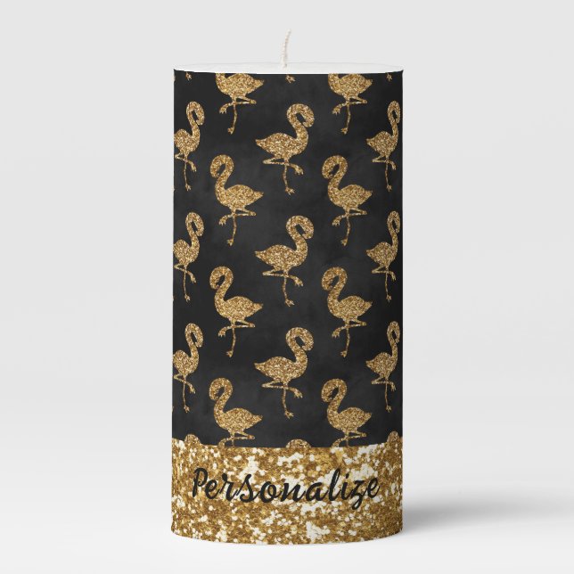 Elegant Gold Glitter Flamingo Pattern Sparkle Glam Pillar Candle (Front)
