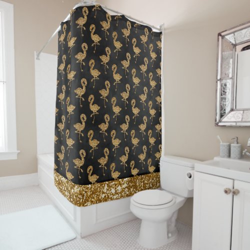 Elegant Gold Glitter Flamingo Pattern Sparkle Glam Shower Curtain