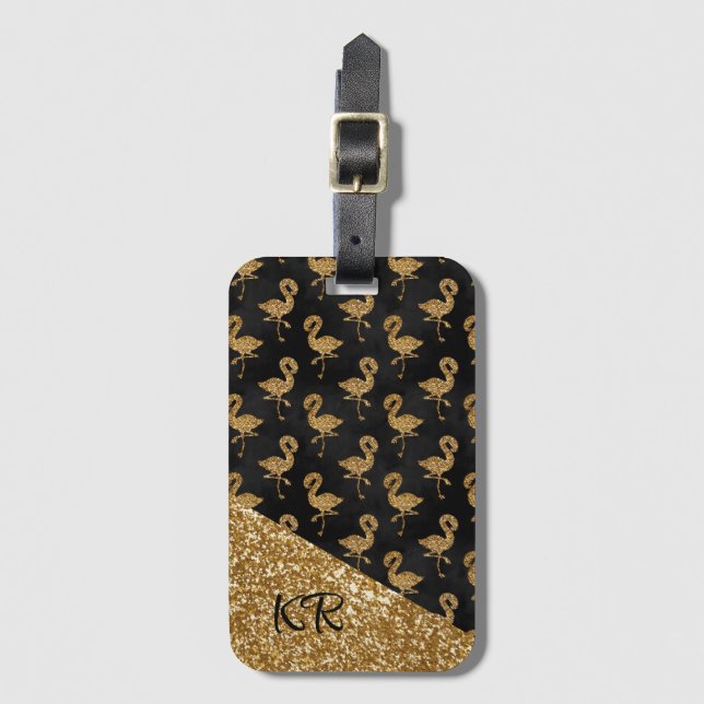 Elegant Gold Glitter Flamingos Monogrammed  Luggage Tag (Front Vertical)