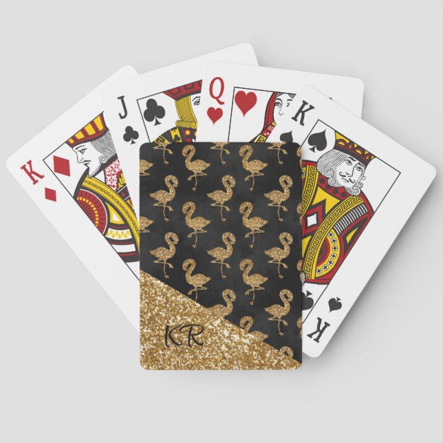 Elegant Gold Glitter Flamingos Monogrammed Poker Cards (Back)