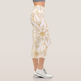 Elegant Gold Glitter Flower Mandala White Design Capri Leggings