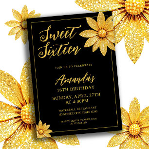Elegant Gold Glitter Flower Sweet 16 Birthday Invitation
