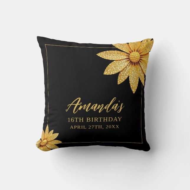 Elegant Gold Glitter Flower Sweet 16 Birthday Throw Pillow (Front)