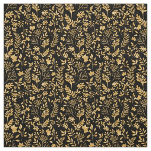 Elegant Gold Glitter Foliage Black Design Fabric