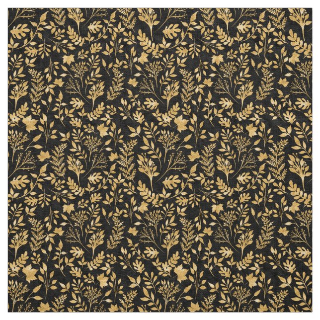 Elegant Gold Glitter Foliage Black Design Fabric (Swatch)