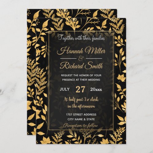 Elegant Gold Glitter Foliage Black Design Invitation