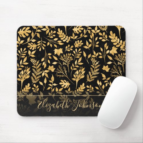 Elegant Gold Glitter Foliage Black Design Mouse Pad