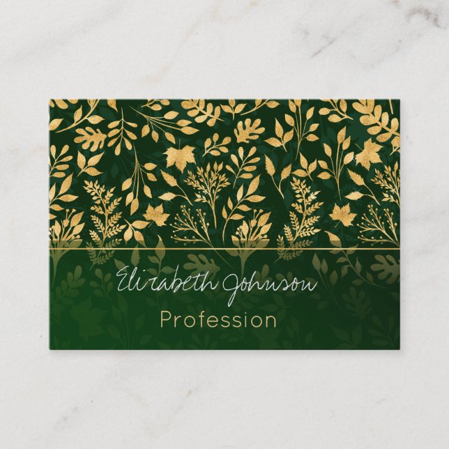 Elegant Gold Glitter Foliage Forest Green Design Business Card (Front)