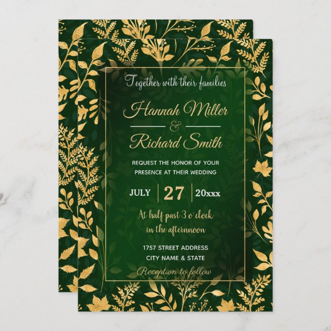 Elegant Gold Glitter Foliage Forest Green Design Invitation (Front/Back)
