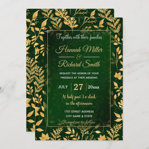 Elegant Gold Glitter Foliage Forest Green Design Invitation
