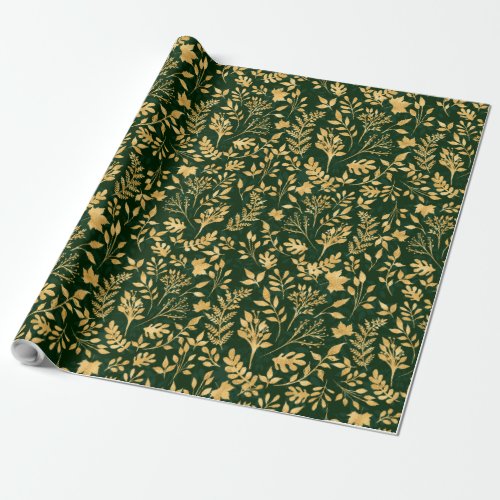 Elegant Gold Glitter Foliage Forest Green Design Wrapping Paper