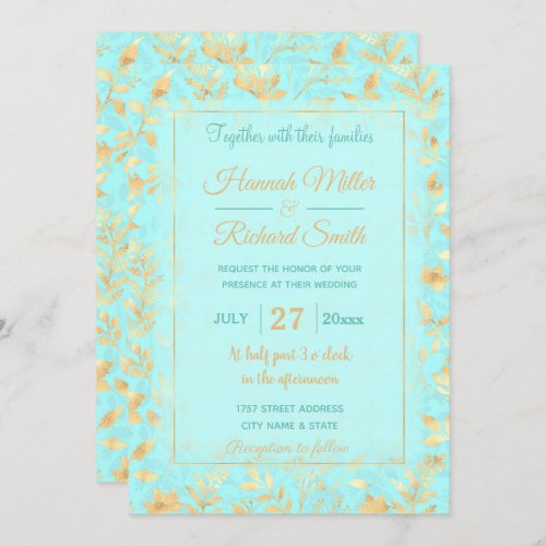 Elegant Gold Glitter Foliage Light Mint Design Invitation