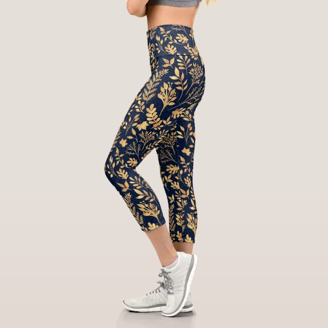Elegant Gold Glitter Foliage Navy-Blue Design Capri Leggings (Left)