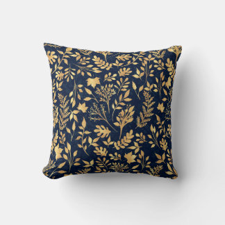 Elegant Gold Glitter Foliage Navy-Blue Design Throw Pillow