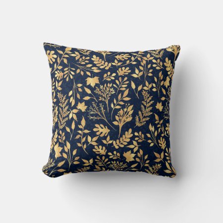 Elegant Gold Glitter Foliage Navy-blue Design Throw Pillow