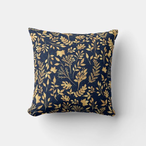 Elegant Gold Glitter Foliage Navy_Blue Design Throw Pillow