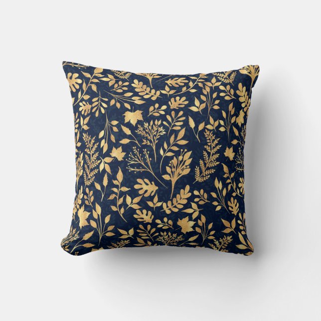 Elegant Gold Glitter Foliage Navy-Blue Design Throw Pillow (Front)