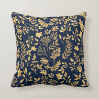 Elegant Gold Glitter Foliage Navy-Blue Design Throw Pillow