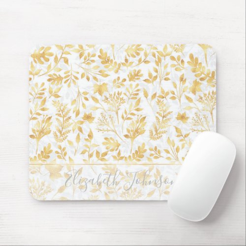 Elegant Gold Glitter Foliage White Design Mouse Pad