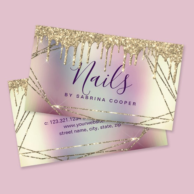 Elegant gold glitter frame metallic nails  business card (Creator Uploaded)