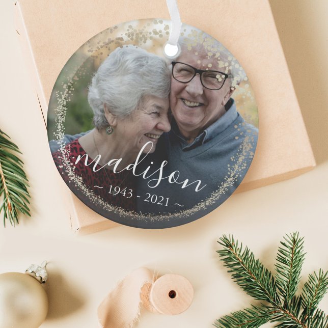 Elegant Gold Glitter Frame Photo Memorial Keepsake Glass Ornament (Creator Uploaded)