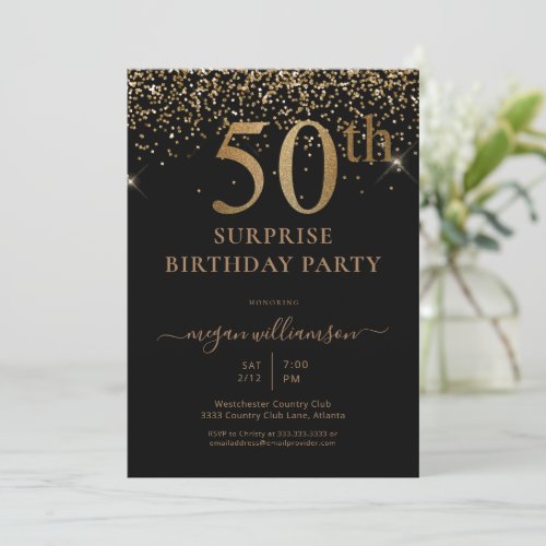 Elegant Gold Glitter Fun Black 50th Birthday Party Invitation