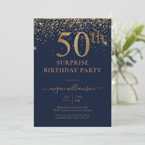 Elegant Gold Glitter Fun Navy 50th Birthday Party Invitation