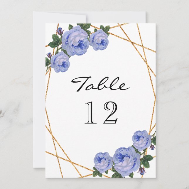 Elegant Gold Glitter Geo Blue Floral Table Number (Front)