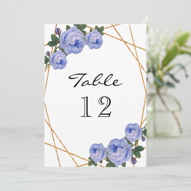 Elegant Gold Glitter Geo Blue Floral Table Number (Standing Front)