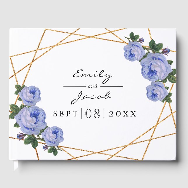 Elegant Gold Glitter Geo Blue Floral Wedding Guest Book (Front)