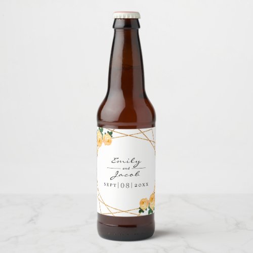 Elegant Gold Glitter Geo Orange Floral Wedding Beer Bottle Label