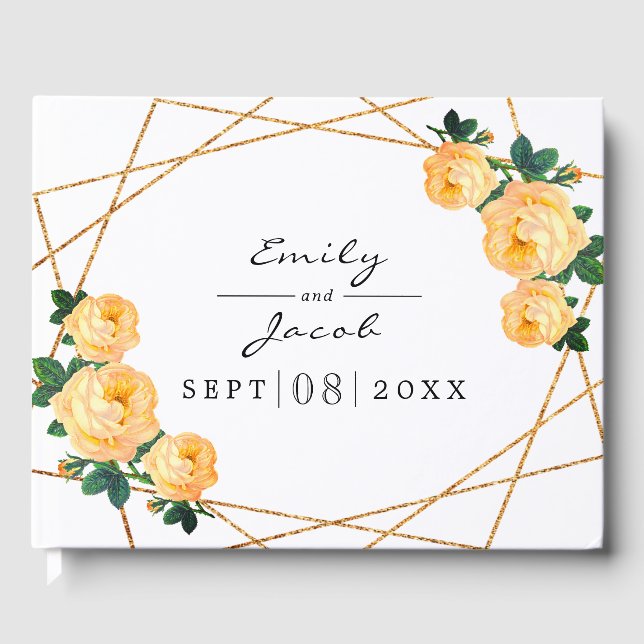 Elegant Gold Glitter Geo Orange Floral Wedding Guest Book (Front)