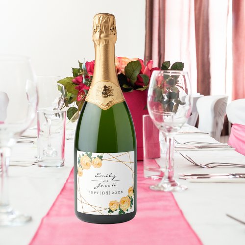 Elegant Gold Glitter Geo Orange Floral Wedding Sparkling Wine Label