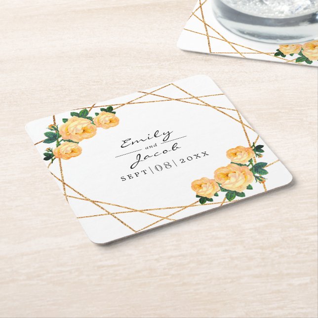 Elegant Gold Glitter Geo Orange Floral Wedding Square Paper Coaster (Angled)