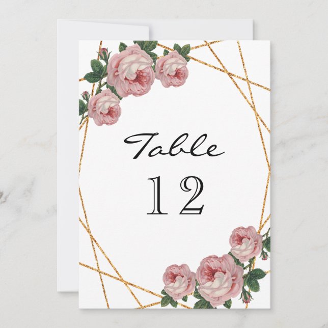 Elegant Gold Glitter Geo Pink Floral Table Number (Front)