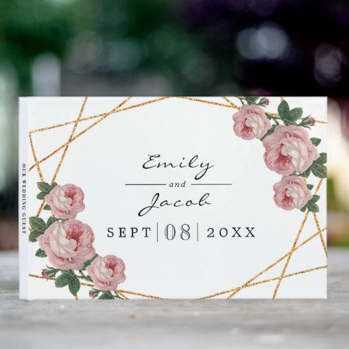 Elegant Gold Glitter Geo Pink Floral Wedding Guest Book