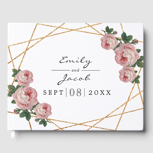 Elegant Gold Glitter Geo Pink Floral Wedding Guest Book (Front)
