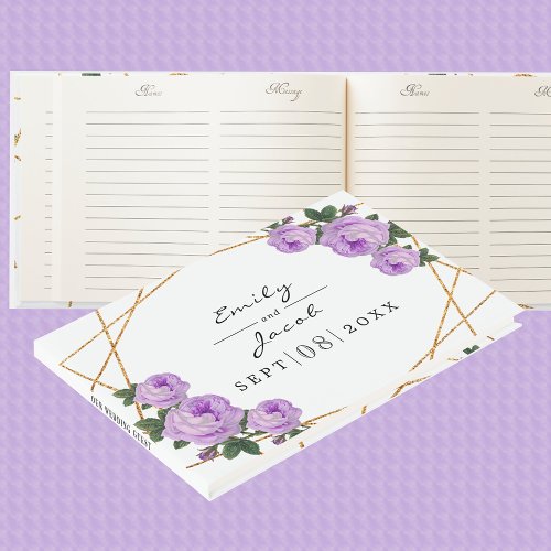 Elegant Gold Glitter Geo Purple Floral Wedding Guest Book
