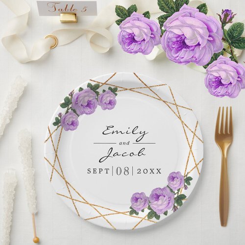 Elegant Gold Glitter Geo Purple Floral Wedding Paper Plates