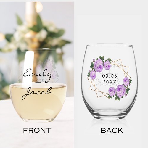 Elegant Gold Glitter Geo Purple Floral Wedding Stemless Wine Glass