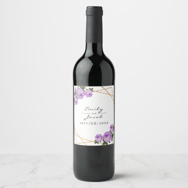 Elegant Gold Glitter Geo Purple Floral Wedding Wine Label (Front)