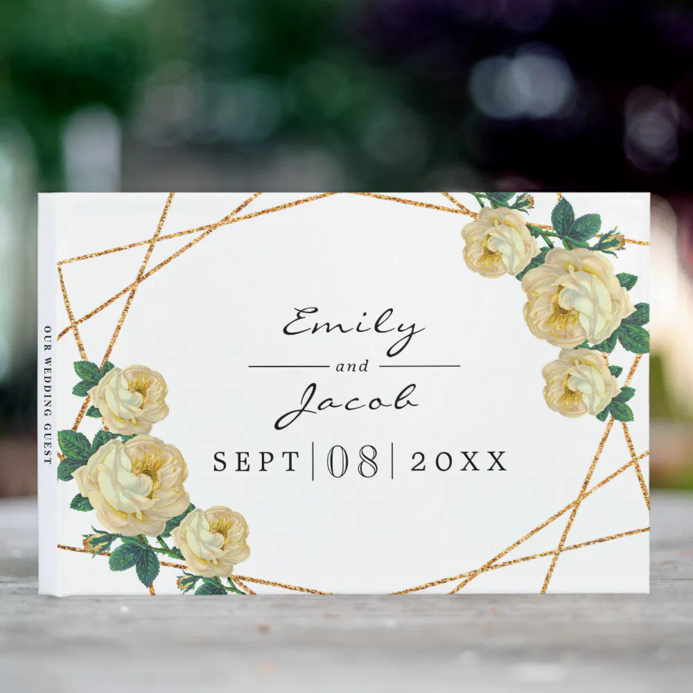 Elegant Gold Glitter Geo Yellow Floral Wedding Guest Book