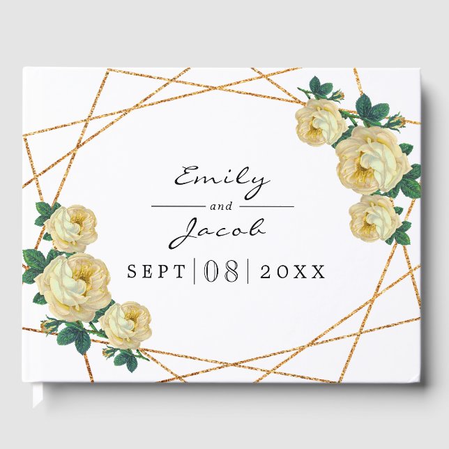 Elegant Gold Glitter Geo Yellow Floral Wedding Guest Book (Front)