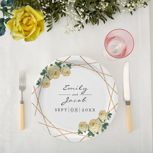 Elegant Gold Glitter Geo Yellow Floral Wedding Paper Plates
