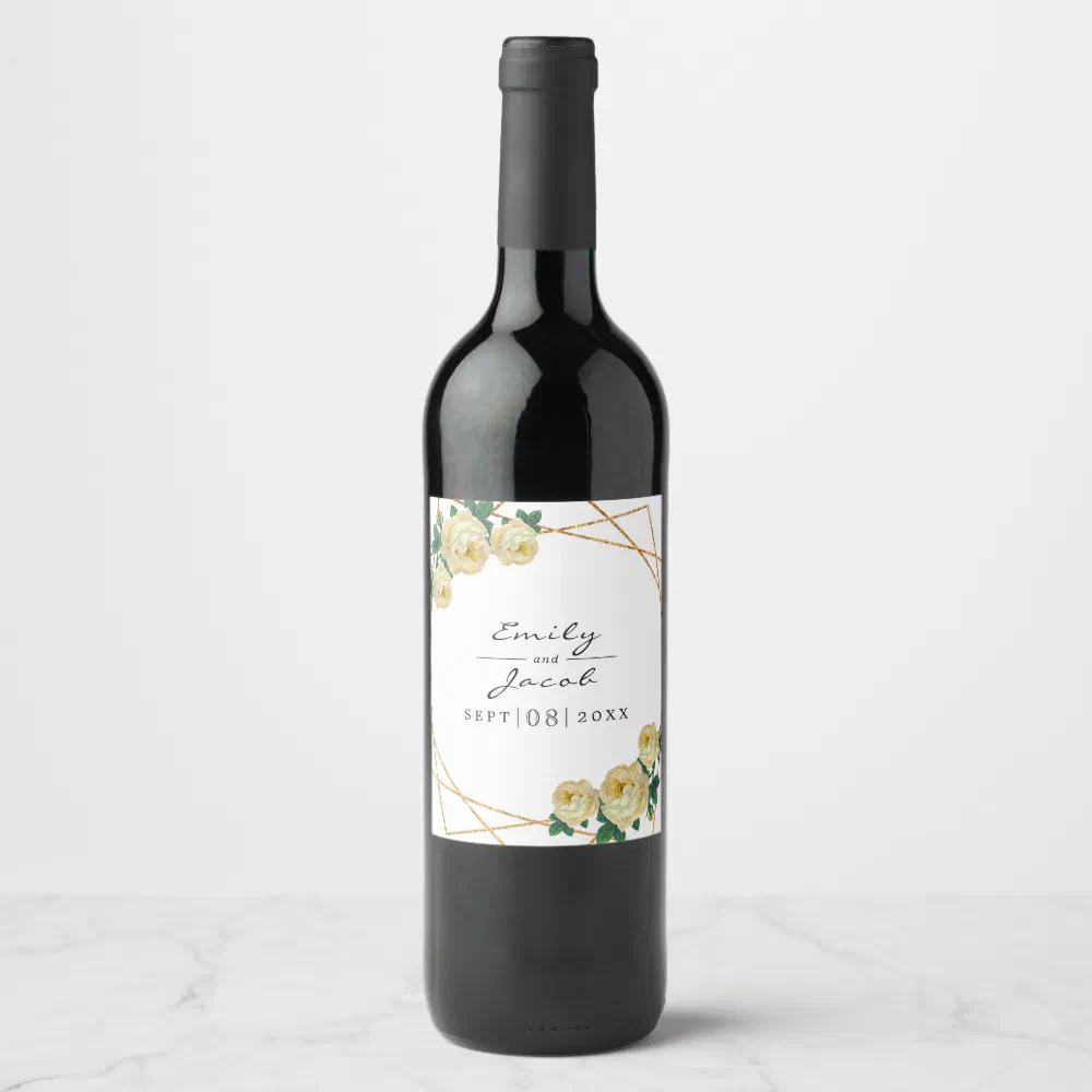 Elegant Gold Glitter Geo Yellow Floral Wedding Wine Label