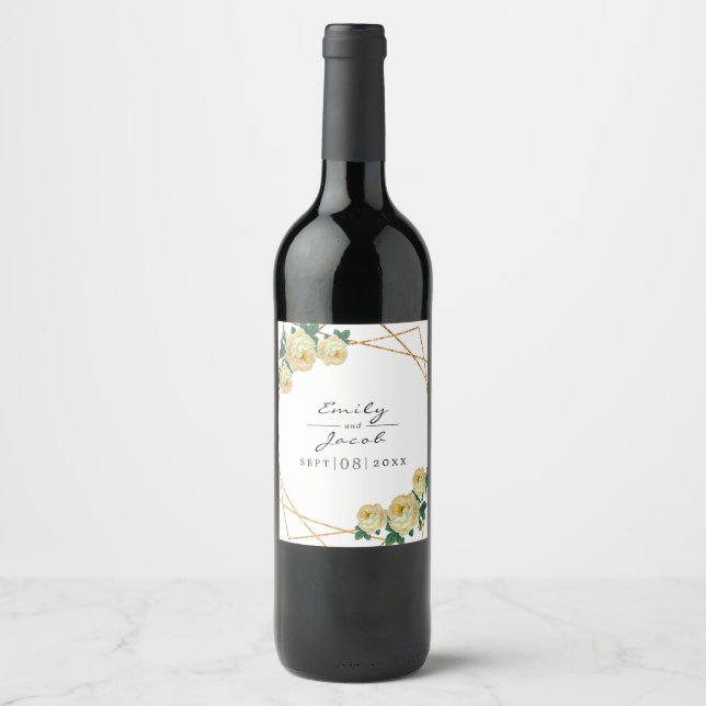 Elegant Gold Glitter Geo Yellow Floral Wedding Wine Label (Front)