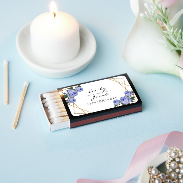 Elegant Gold Glitter Geometric Blue Floral Matchboxes (Insitu)