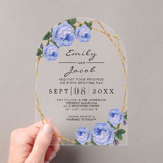 Elegant Gold Glitter Geometric Blue Floral Wedding Acrylic Invitations
