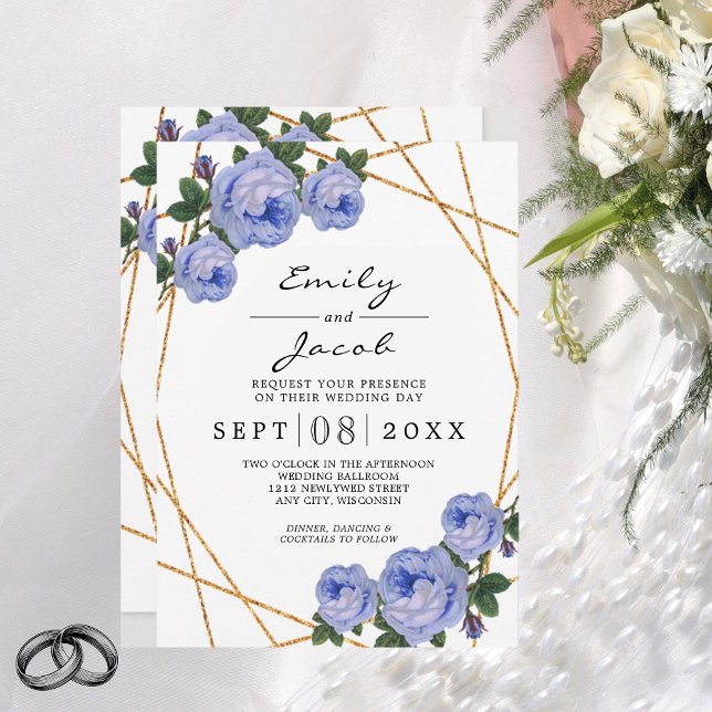 Elegant Gold Glitter Geometric Blue Floral Wedding Announcement (Creator Uploaded)
