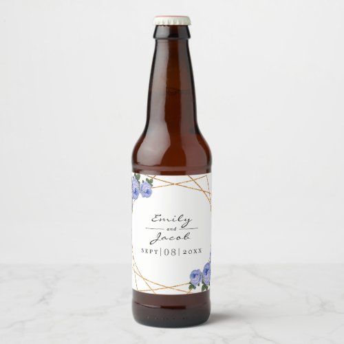 Elegant Gold Glitter Geometric Blue Floral Wedding Beer Bottle Label